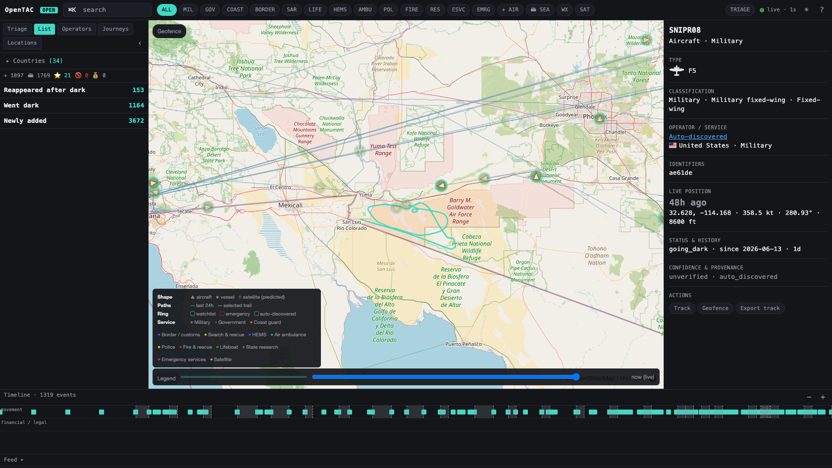 OpenTAC inspector on a military fast jet (SNIPR08, an F-5): the Classification block shows Military · Military fixed-wing · Fixed-wing, with identifiers, country and live position.