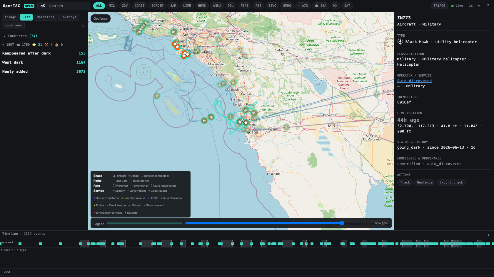 OpenTAC inspector on a military helicopter (IN773, a Black Hawk): the Classification block shows Military · Military helicopter · Helicopter, with type, operator, identifiers and live position.