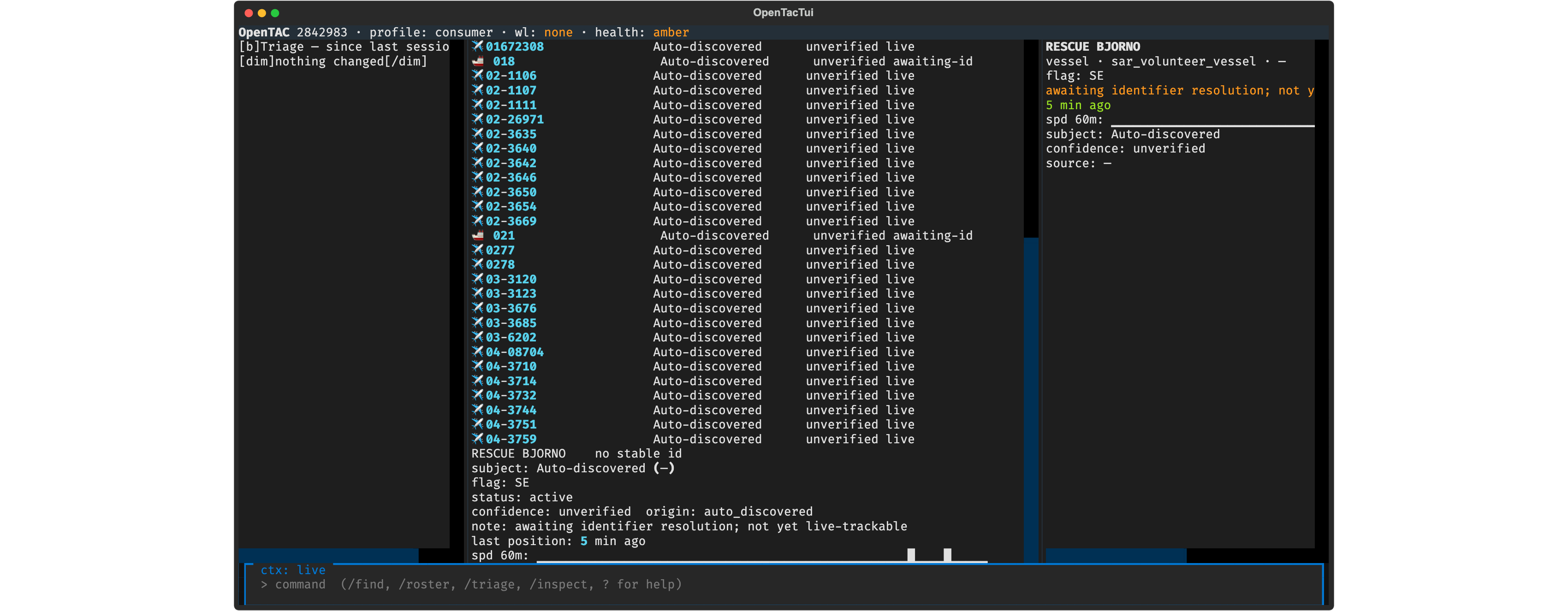 The OpenTAC terminal console (TUI): a status banner, a triage rail, the roster/feed listing live auto-discovered contacts, and an inspector showing a selected SAR vessel with its classification, flag and provenance.